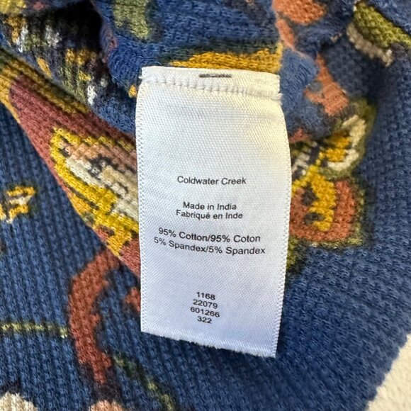 Coldwater Creek Waffle Knit Vintage Vibe Henley Top Blue Jewel Tone Florals 2X - Picture 7 of 11